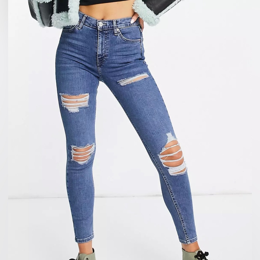 Topshop Jamie jean with super rip in mid blue size 25